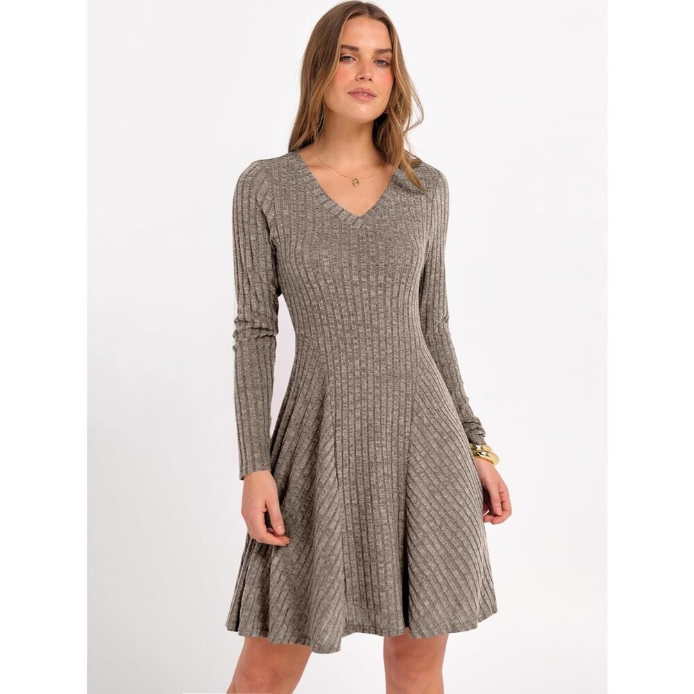 Women's Long Sleeve Ribbed Short Dresses V Neck Swing Sweater Dress Ash Brown - Picture 2 of 7